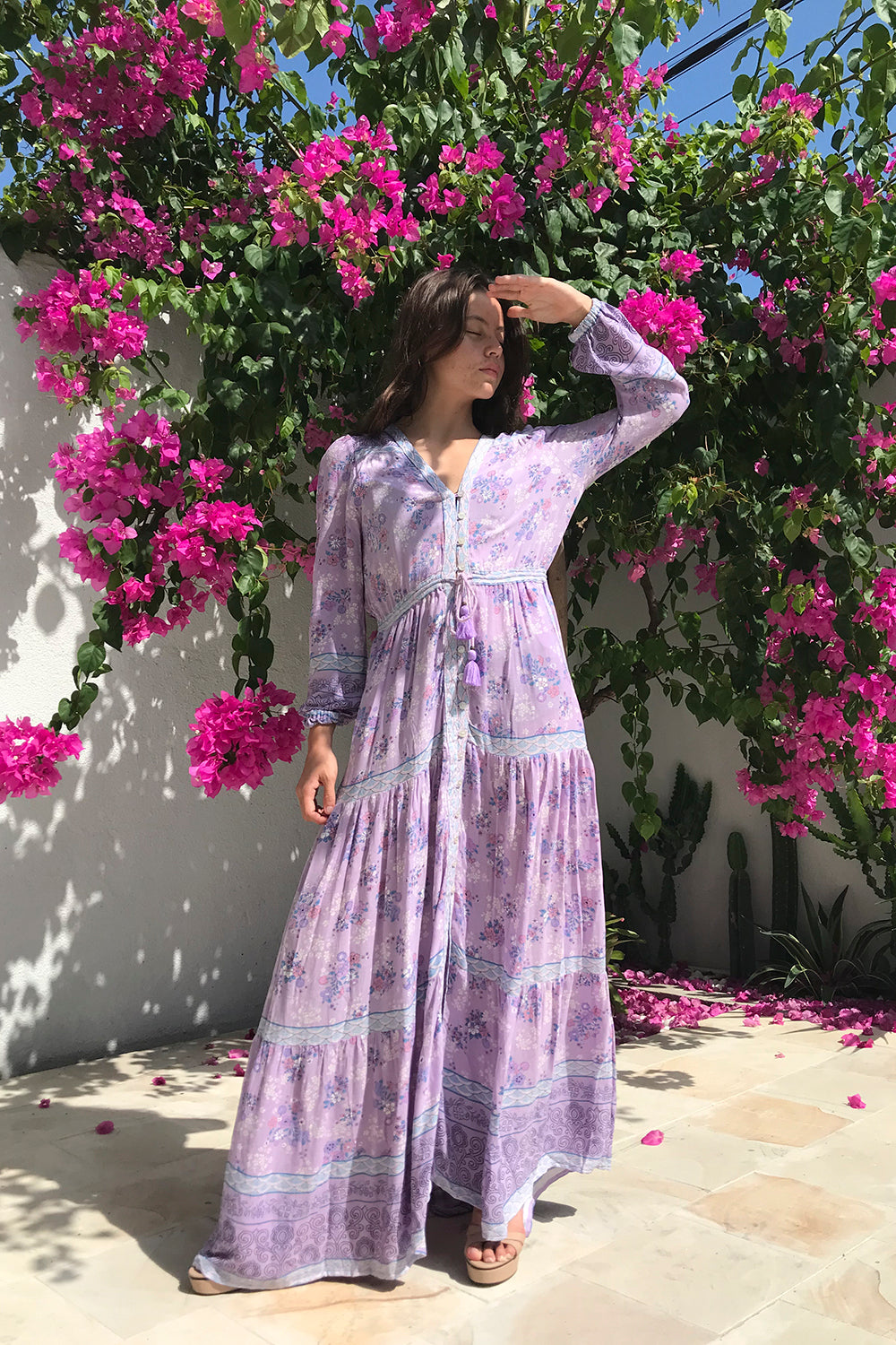 The Alannah Maxi Dress in Lilac by Tulle and Batiste, featuring intricate handmade details by skilled Balinese artisans, celebrating craftsmanship.