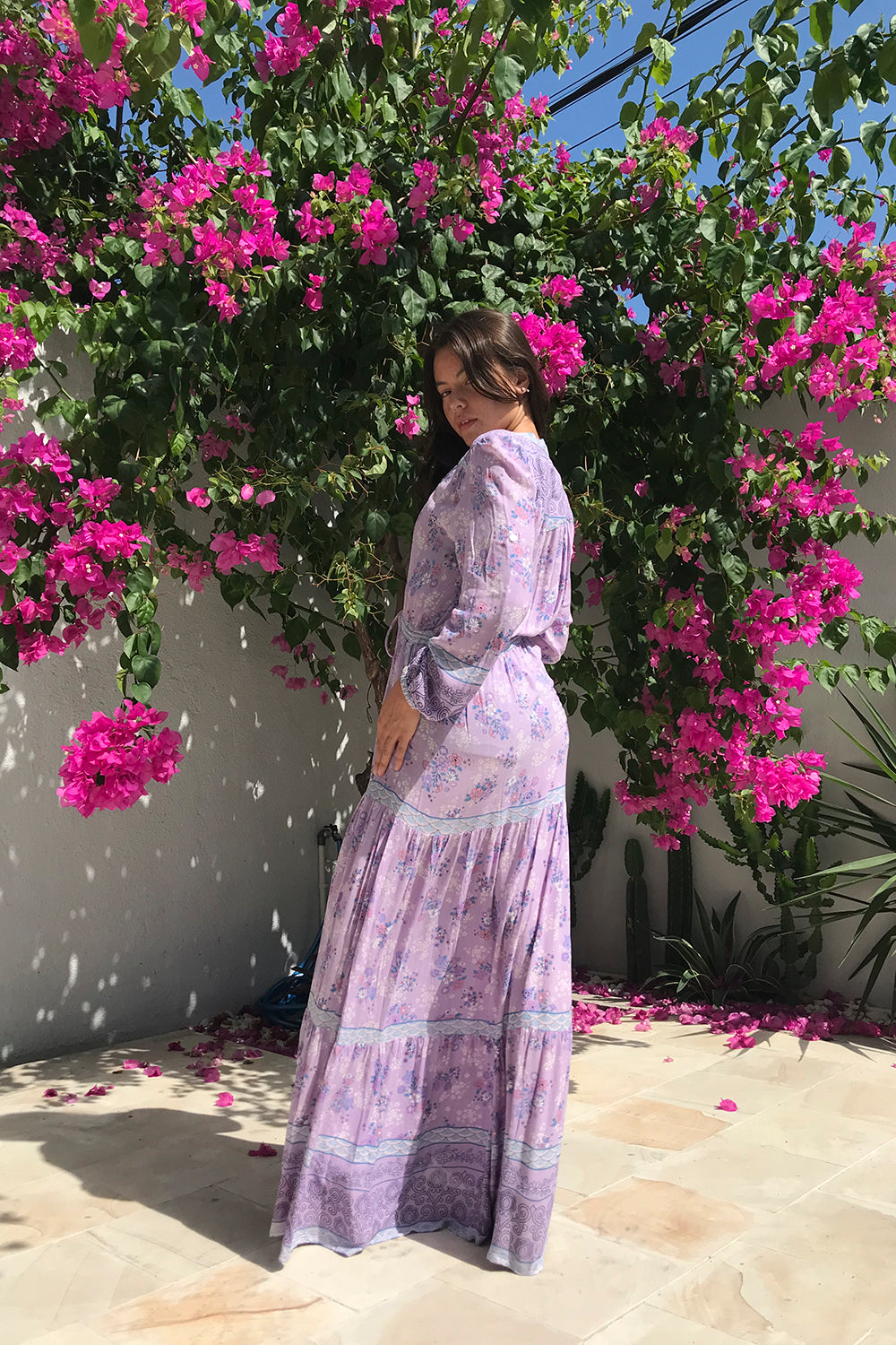 The Alannah Maxi Dress in Lilac from Tulle and Batiste, showcasing ethically manufactured modern bohemian clothing, designed for style and sustainability.