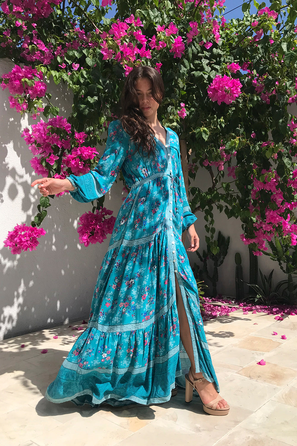 The Alannah Maxi Dress in Capri Blue by Tulle and Batiste, a beautiful bohemian piece handmade by Balinese artisans.