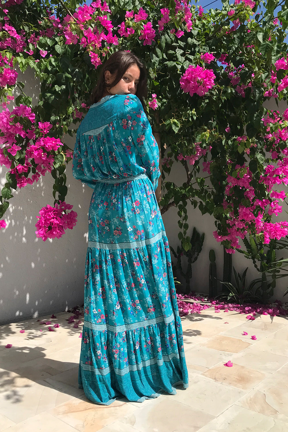 The Alannah Maxi Dress in Capri Blue by Tulle and Batiste, an elegant bohemian fashion statement, handmade and ethically produced for your wardrobe.