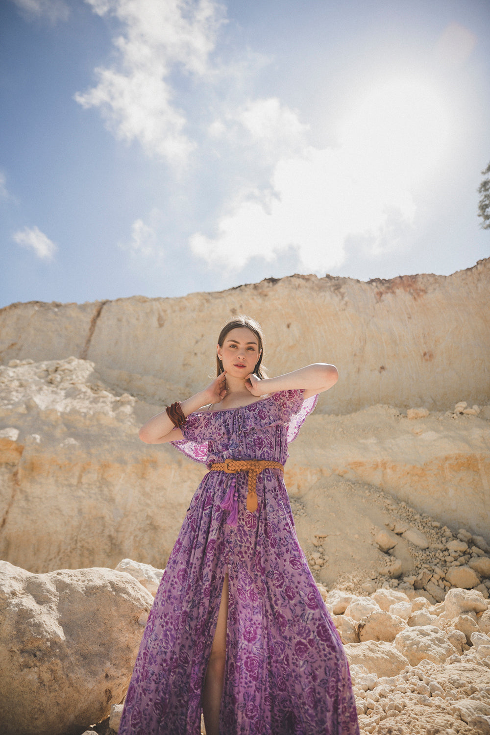 ethical maxi dress for women Wholesale Long ethical printed dress in gold - 100% cold silk for your store