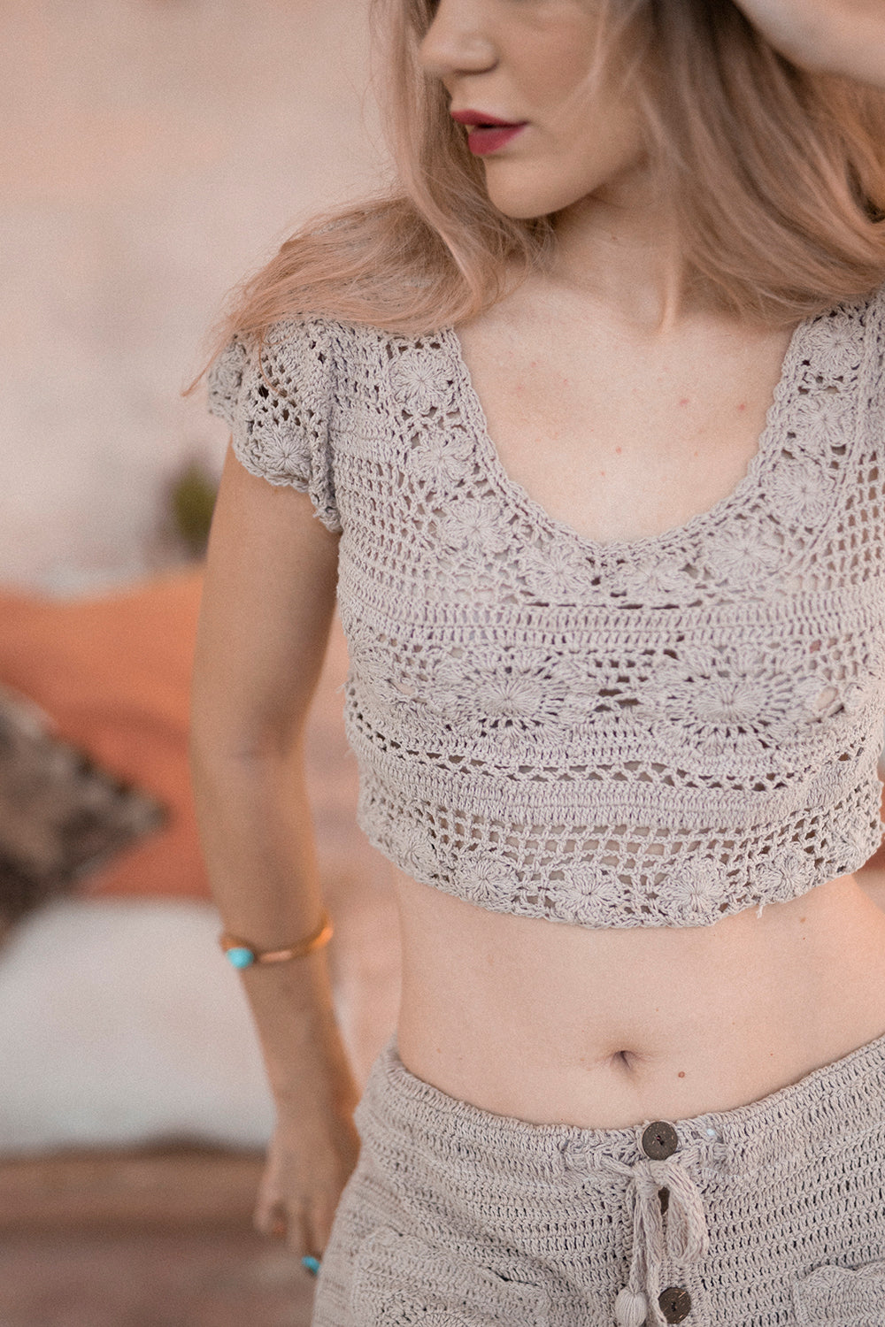 Norah Crochet Crop Top - Stone - Dreamweaver by Tulle and Batiste