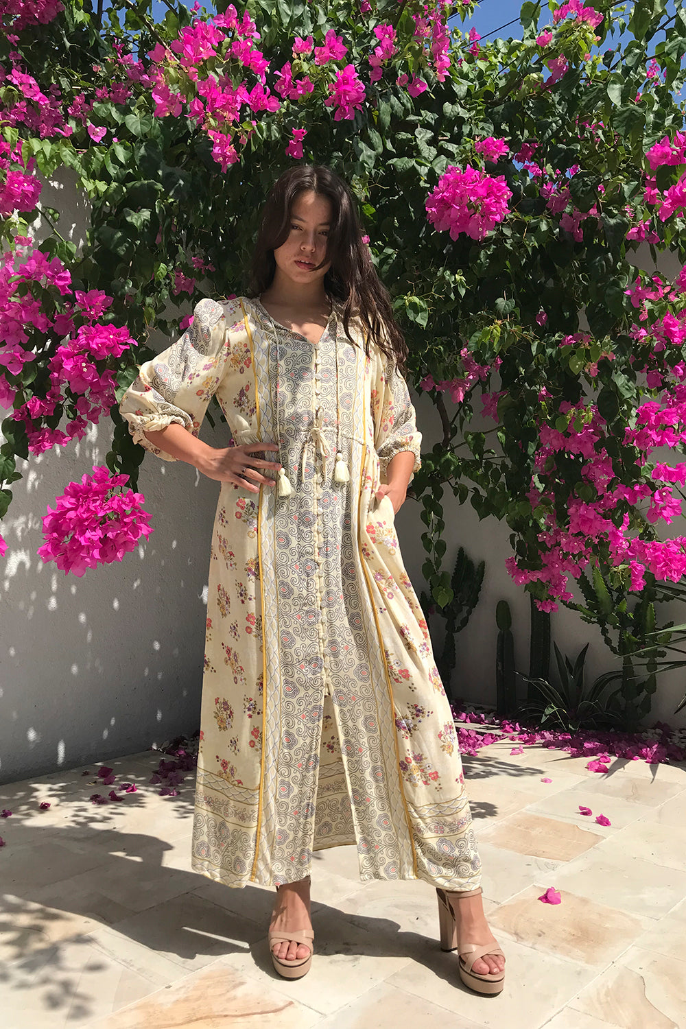 bohemian dress design Silk Maxi Dress Lace-up Front, Vintage Boho Style