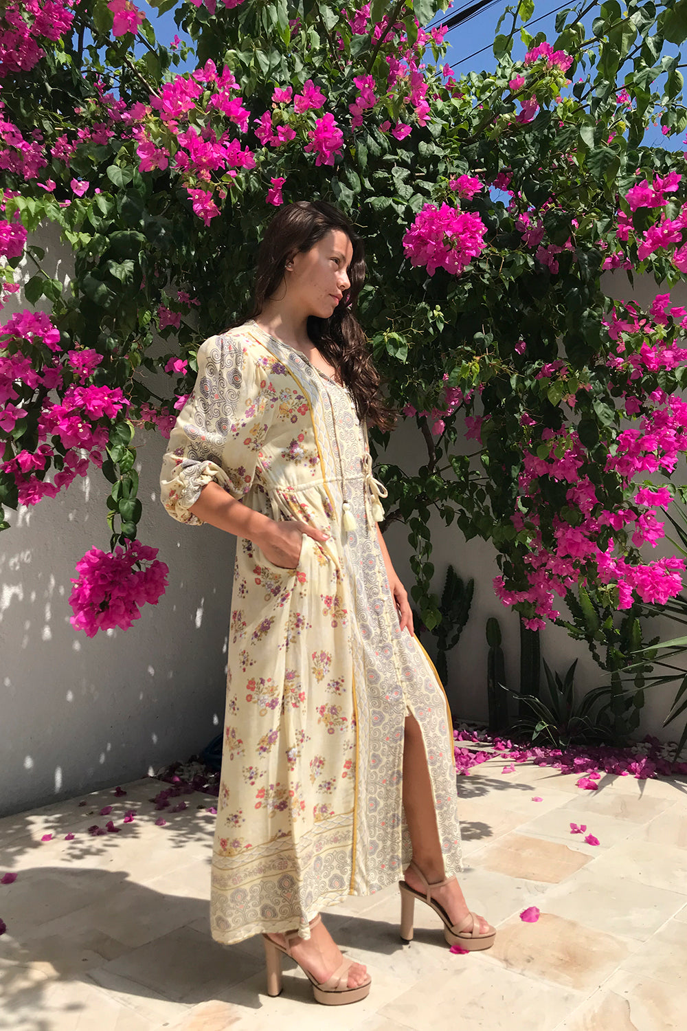 The handmade Roseanne Boho Dress in Vanilla by Tulle and Batiste, with custom tailoring and premium rayon crepe fabric.