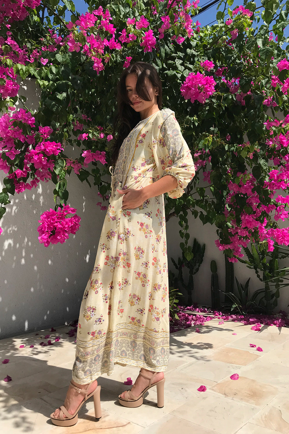 The Roseanne Boho Dress in Vanilla by Tulle and Batiste featuring an elastic waist and custom tailored options for a comfortable, size-inclusive fit.