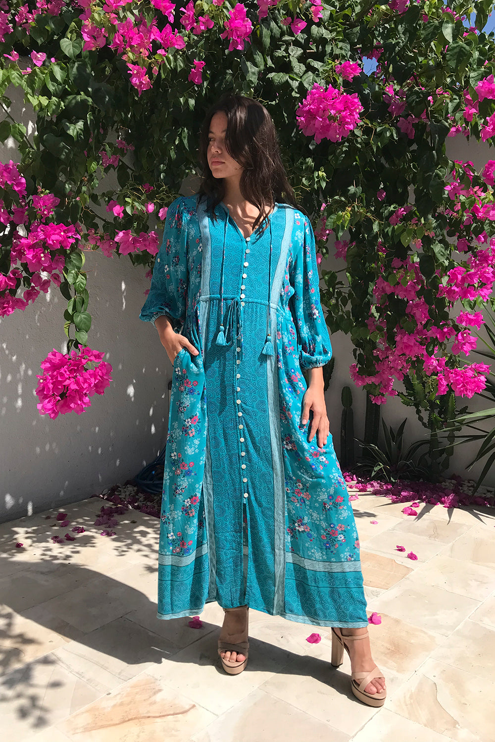 The Roseanne Boho Dress in Capri Blue by Tulle and Batiste featuring an elastic waist and custom tailored options for a comfortable, size-inclusive fit.