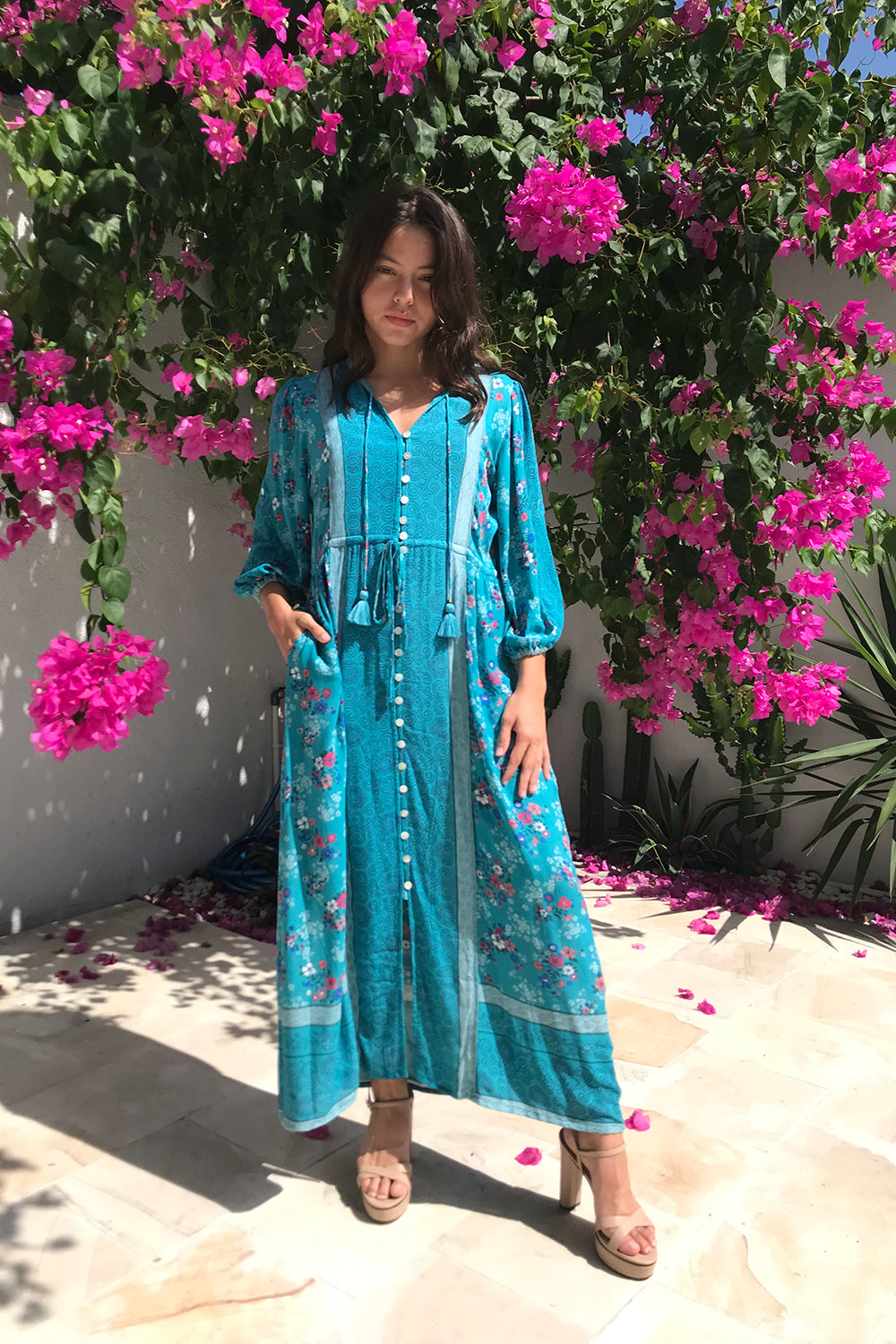 A modern bohemian-inspired, handmade design: the size-inclusive Roseanne Boho Dress in Capri Blue by Tulle and Batiste.