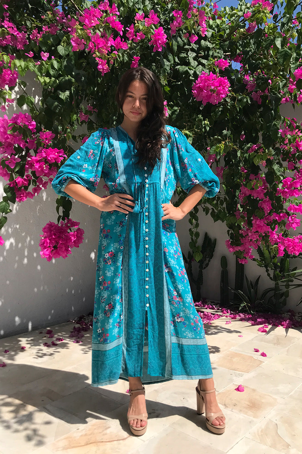 The handmade Roseanne Boho Dress in Capri Blue by Tulle and Batiste, with custom tailoring and premium rayon crepe fabric.