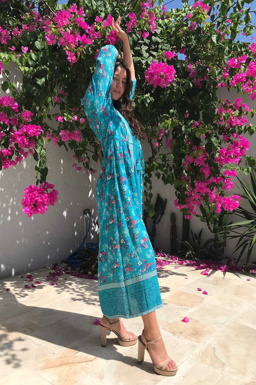 The Roseanne Boho Dress in Capri Blue by Tulle and Batiste, a size-inclusive handmade design for effortless bohemian style.