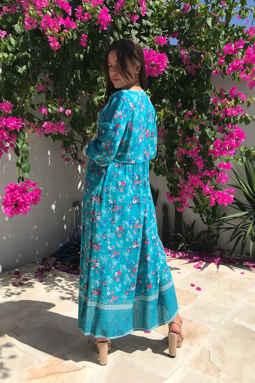 Tulle and Batiste's Roseanne Boho Dress in Capri Blue, inspired by coastal beauty and crafted with size inclusivity and modern bohemian appeal.