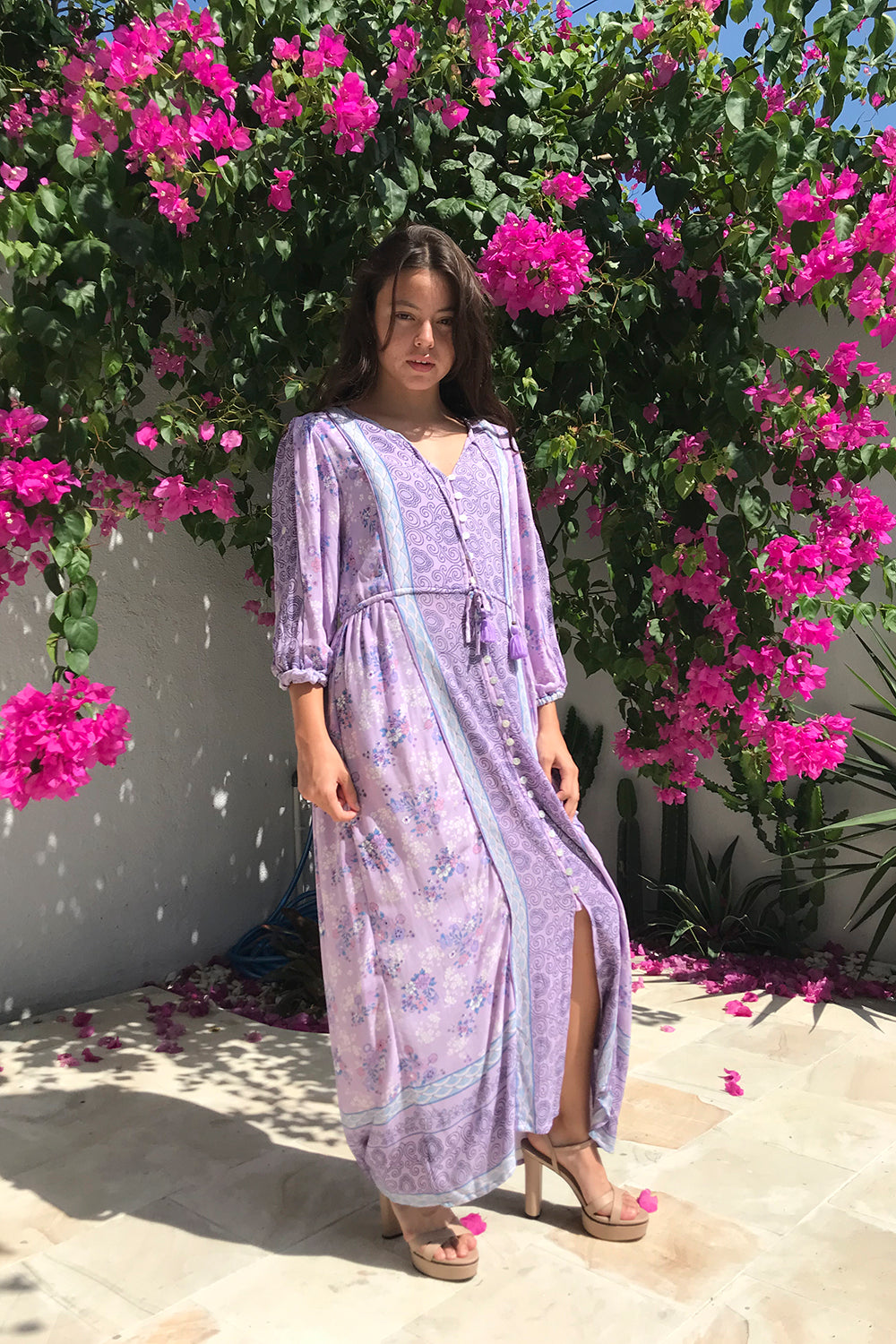 The Roseanne Boho Dress in Lilac by Tulle and Batiste, a size-inclusive handmade design for effortless bohemian style.