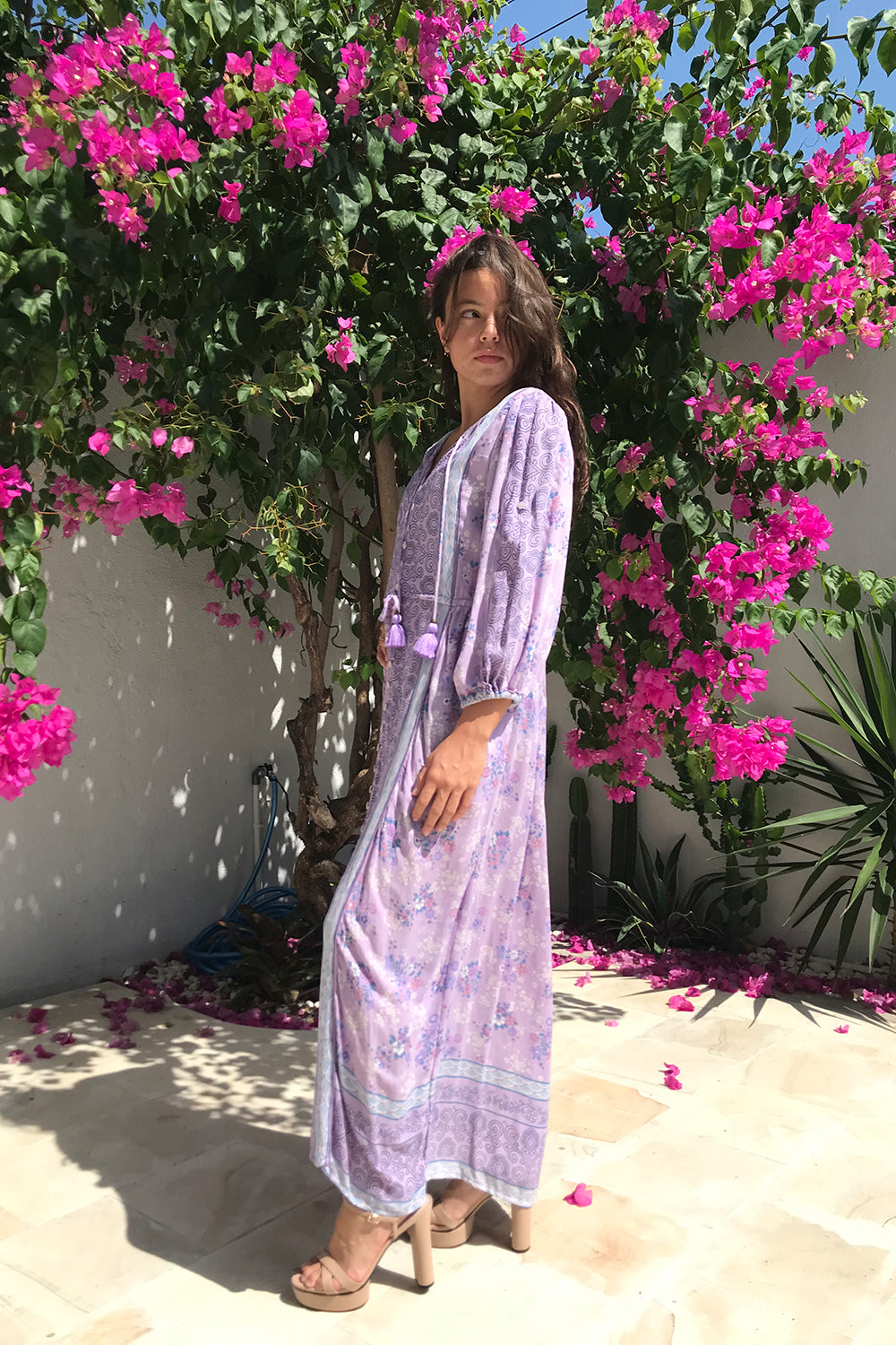 Tulle and Batiste's Roseanne Boho Dress in Lilac, a size-inclusive, modern bohemian-inspired dress with flattering silhouettes.