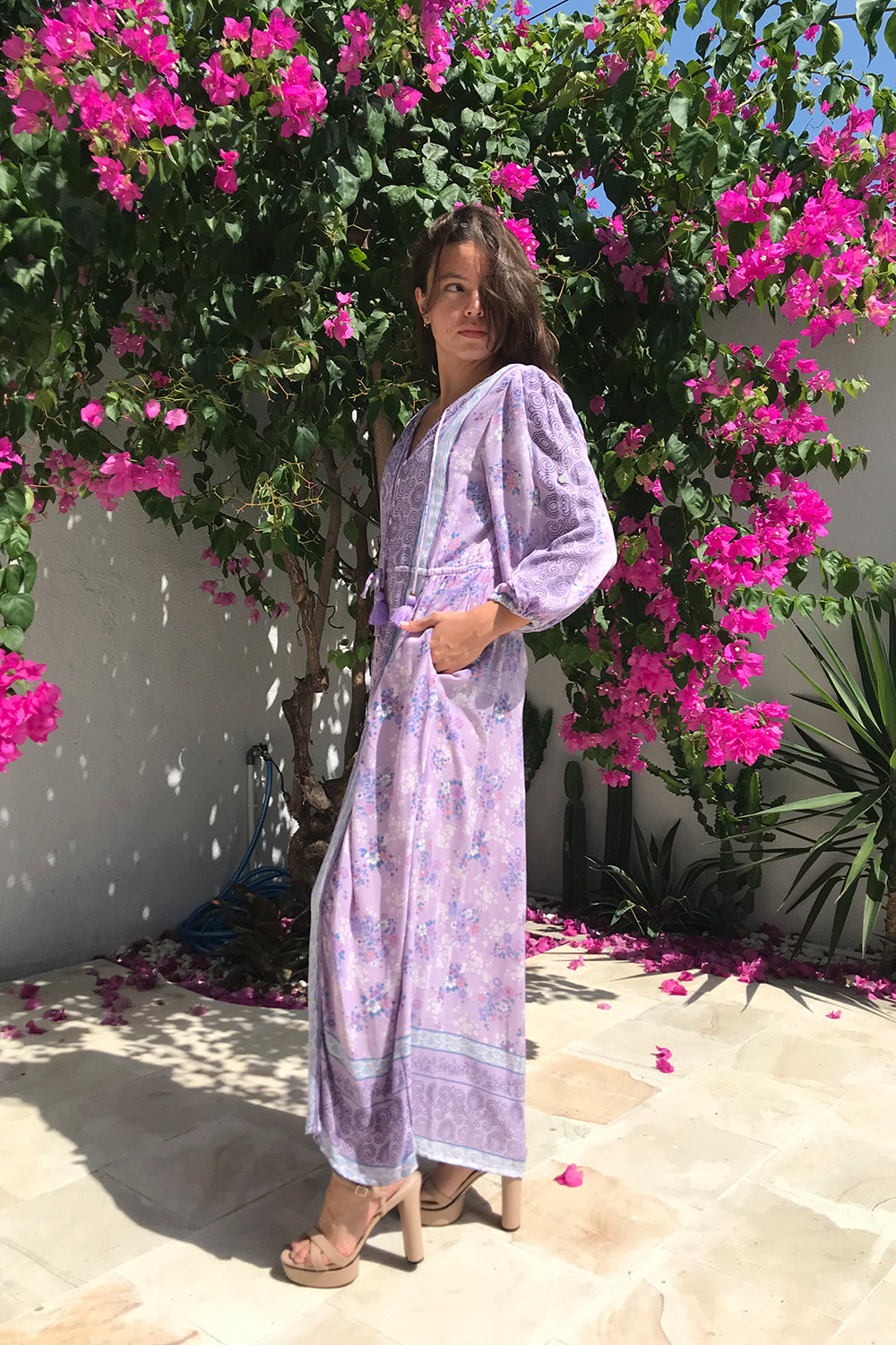 Tulle and Batiste’s handmade Roseanne Boho Dress in Lilac, a modern bohemian-inspired dress for every occasion.