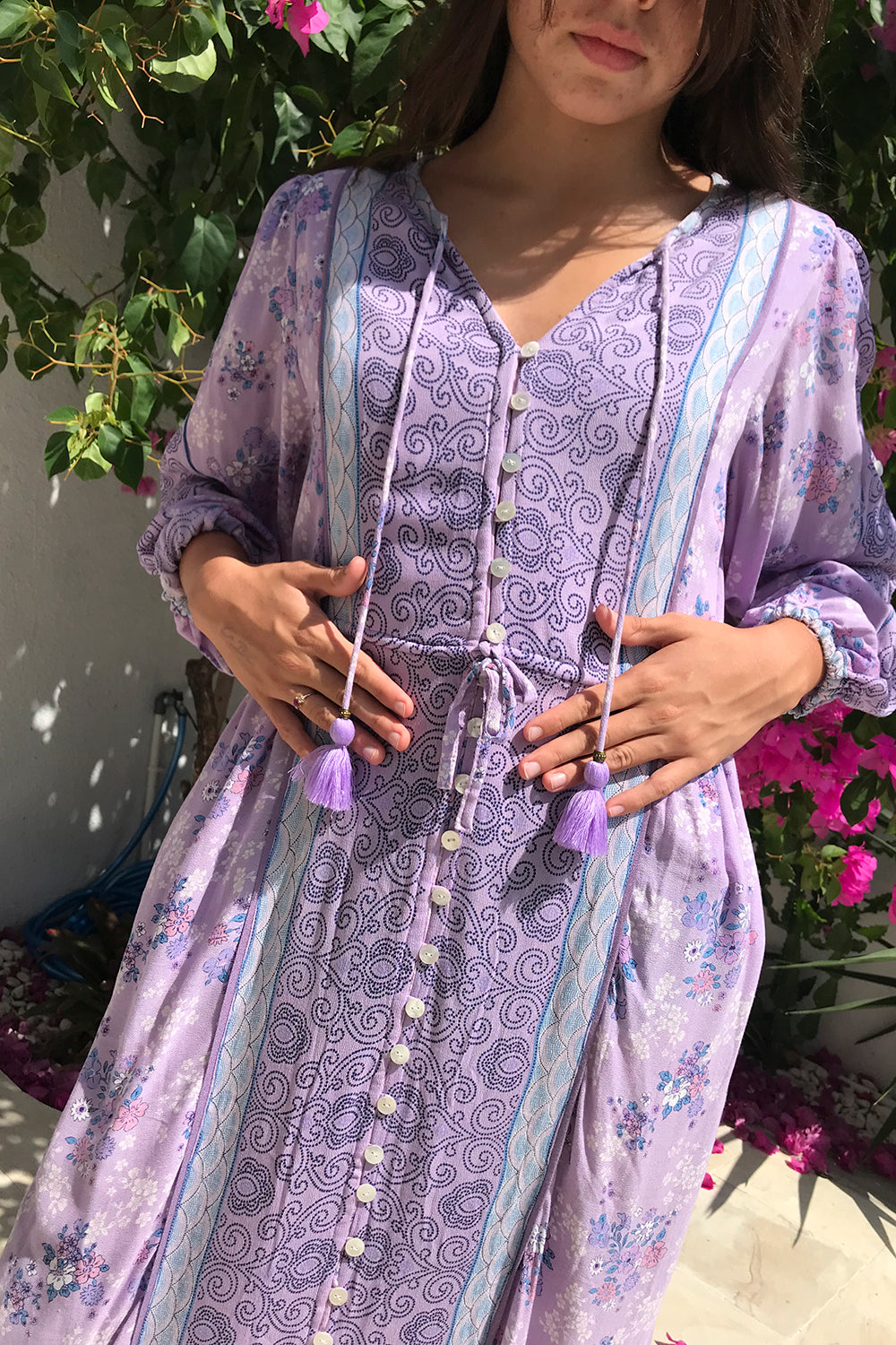 The Roseanne Boho Dress in Lilac by Tulle and Batiste, a size-inclusive modern bohemian wardrobe staple.