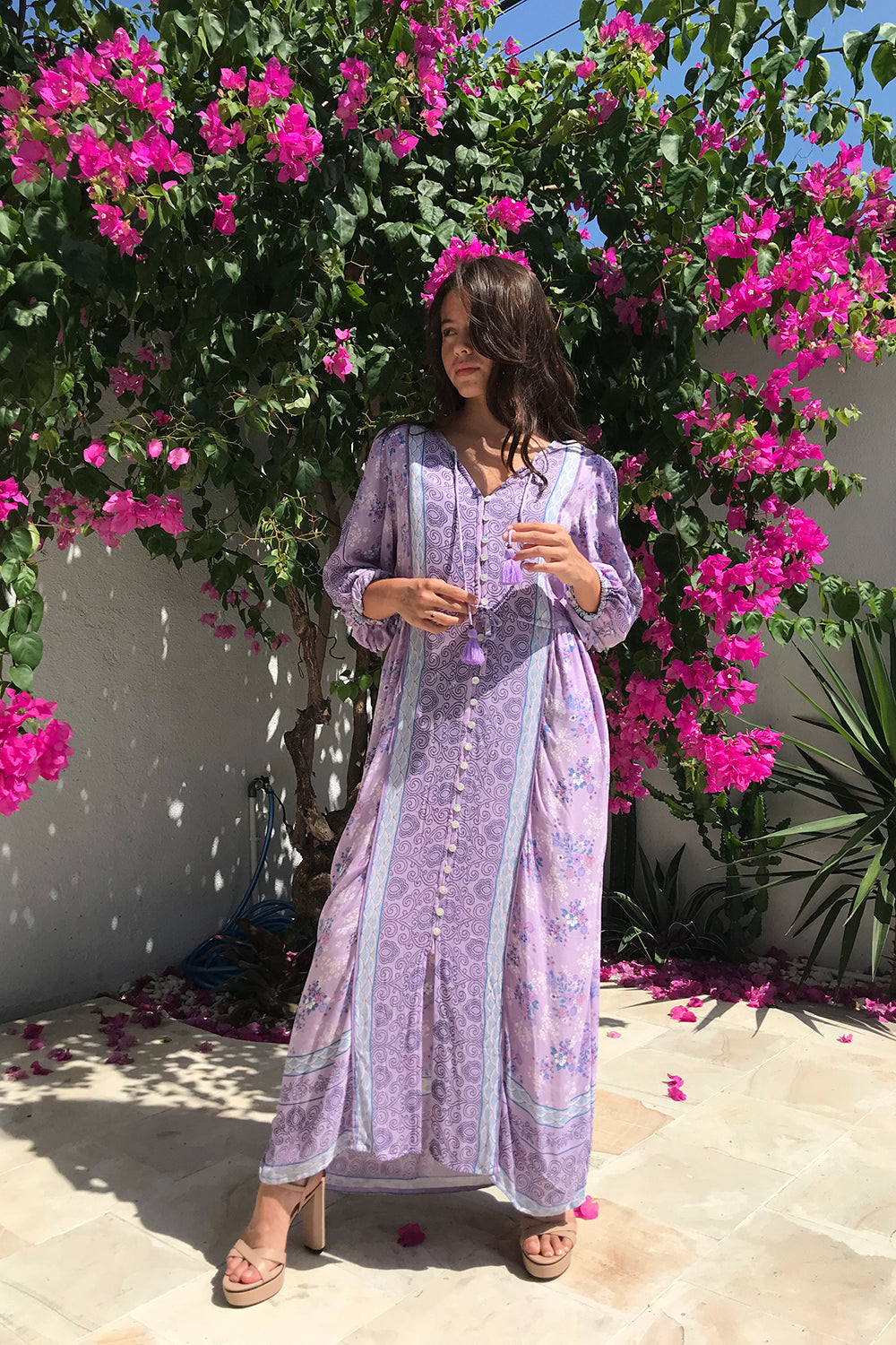 Handmade Roseanne Boho Dress in Lilac by Tulle and Batiste, blending effortless style with bohemian charm and custom tailored options.