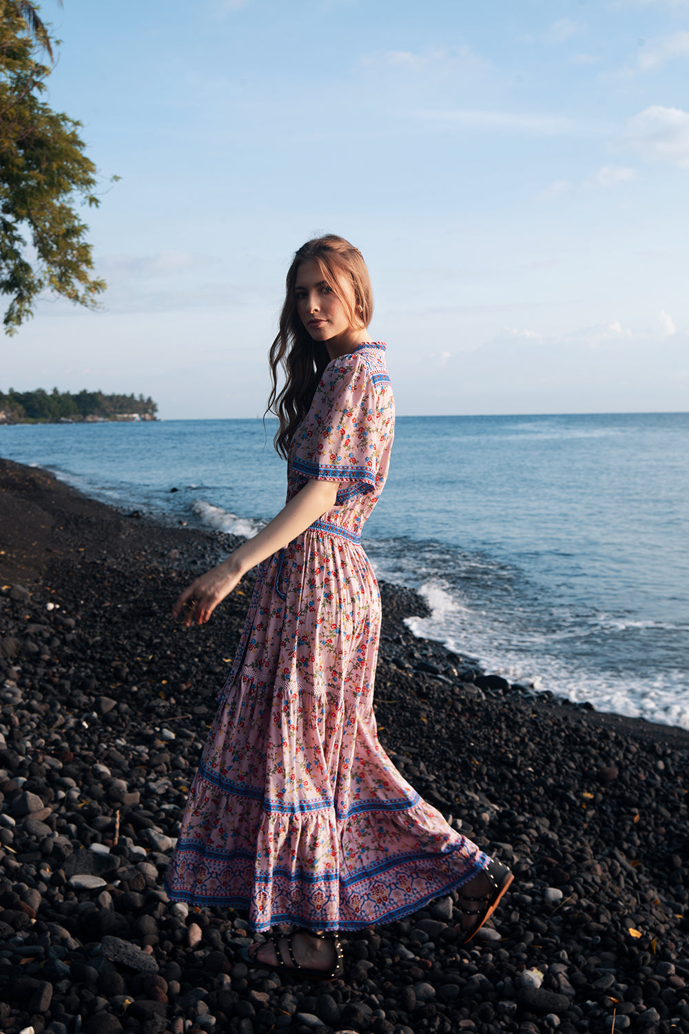 Brenda Wrap Maxi Dress - Dawn Pink - Ditsy Charm by Tulle and Batiste