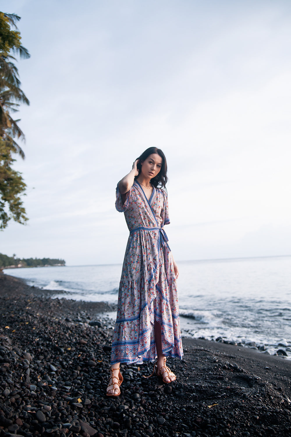 Brenda Wrap Maxi Dress - Lavender Grey - Ditsy Charm by Tulle and Batiste