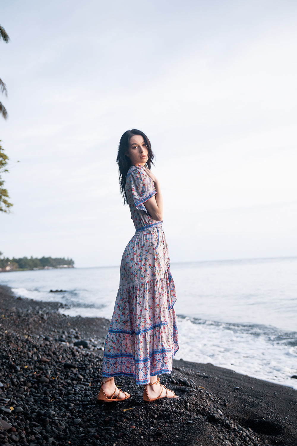 Brenda Wrap Maxi Dress - Lavender Grey - Ditsy Charm by Tulle and Batiste