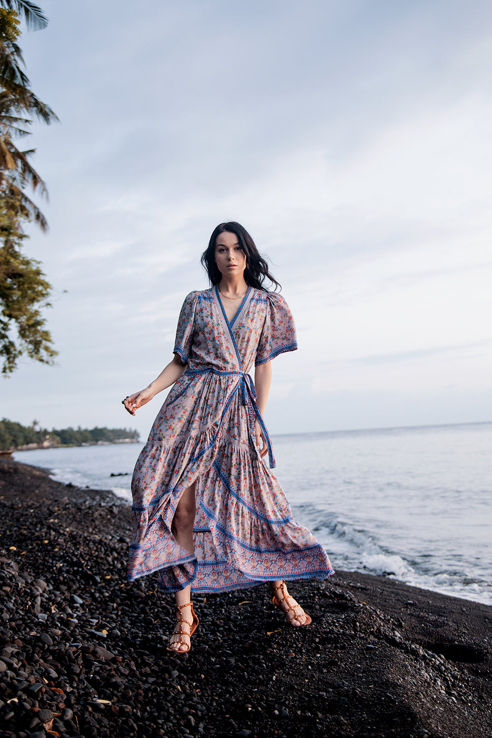 Brenda Wrap Maxi Dress - Lavender Grey - Ditsy Charm by Tulle and Batiste