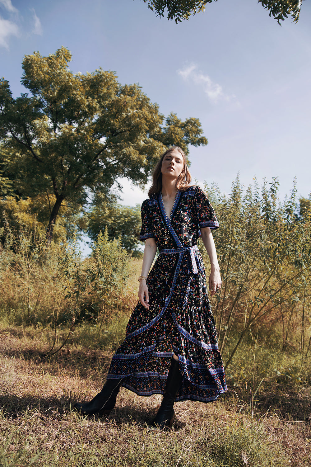 Brenda Wrap Maxi Dress - Moonless Black - Ditsy Charm by Tulle and Batiste