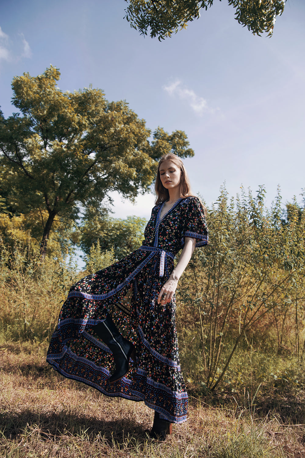Brenda Wrap Maxi Dress - Moonless Black - Ditsy Charm by Tulle and Batiste