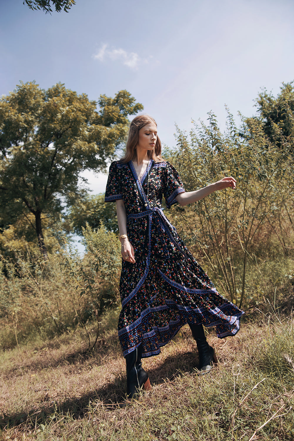 Brenda Wrap Maxi Dress - Moonless Black - Ditsy Charm by Tulle and Batiste