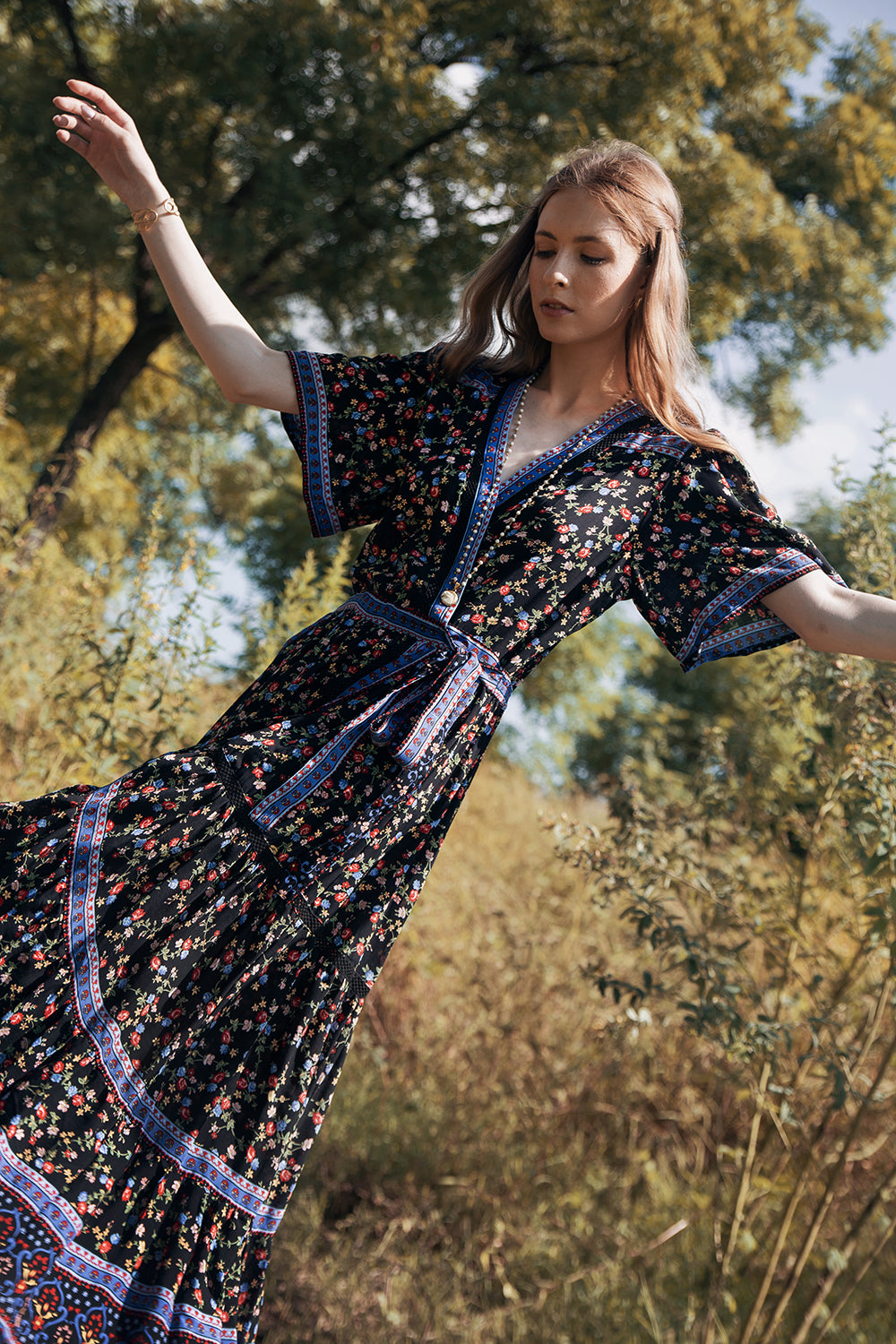 Brenda Wrap Maxi Dress - Moonless Black - Ditsy Charm by Tulle and Batiste