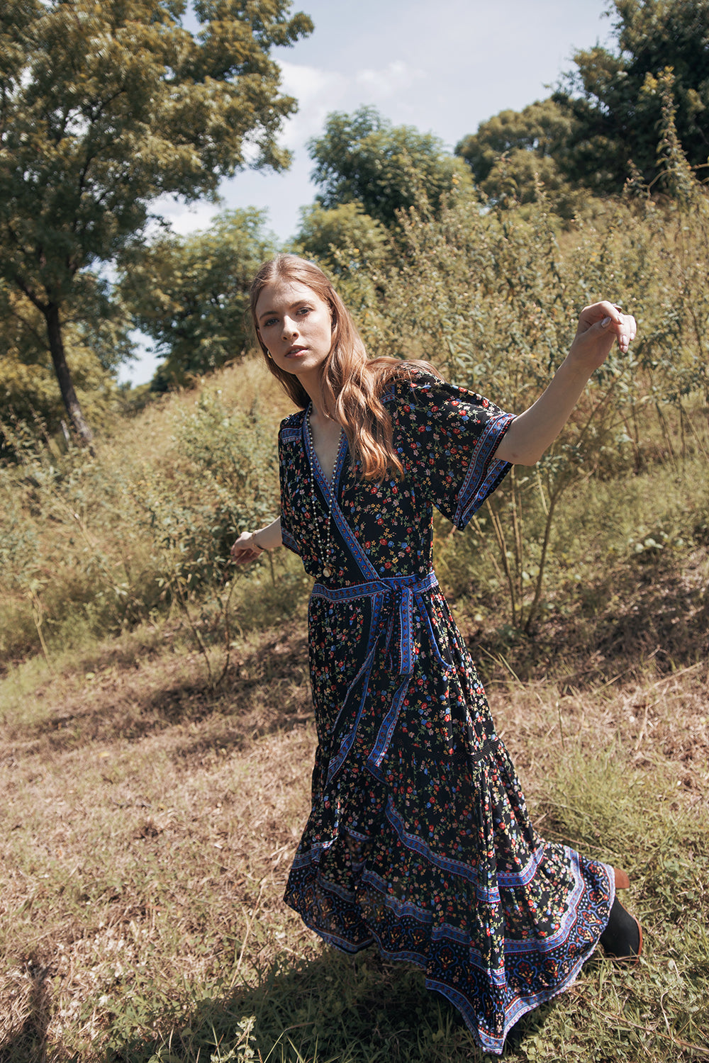 Brenda Wrap Maxi Dress - Moonless Black - Ditsy Charm by Tulle and Batiste