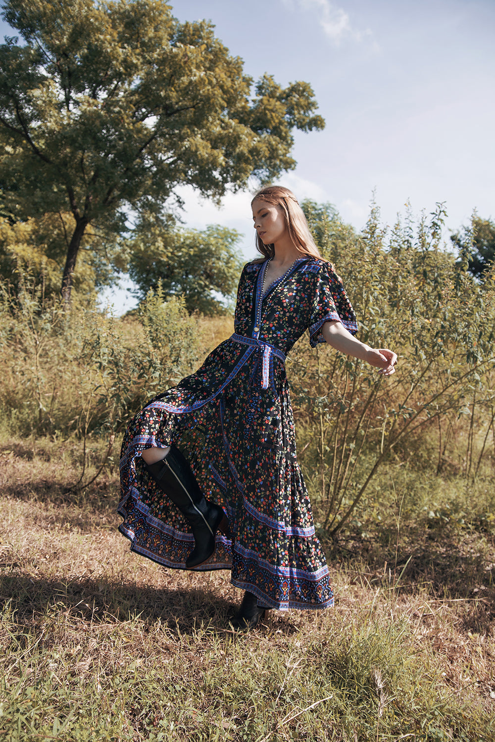Brenda Wrap Maxi Dress - Moonless Black - Ditsy Charm by Tulle and Batiste