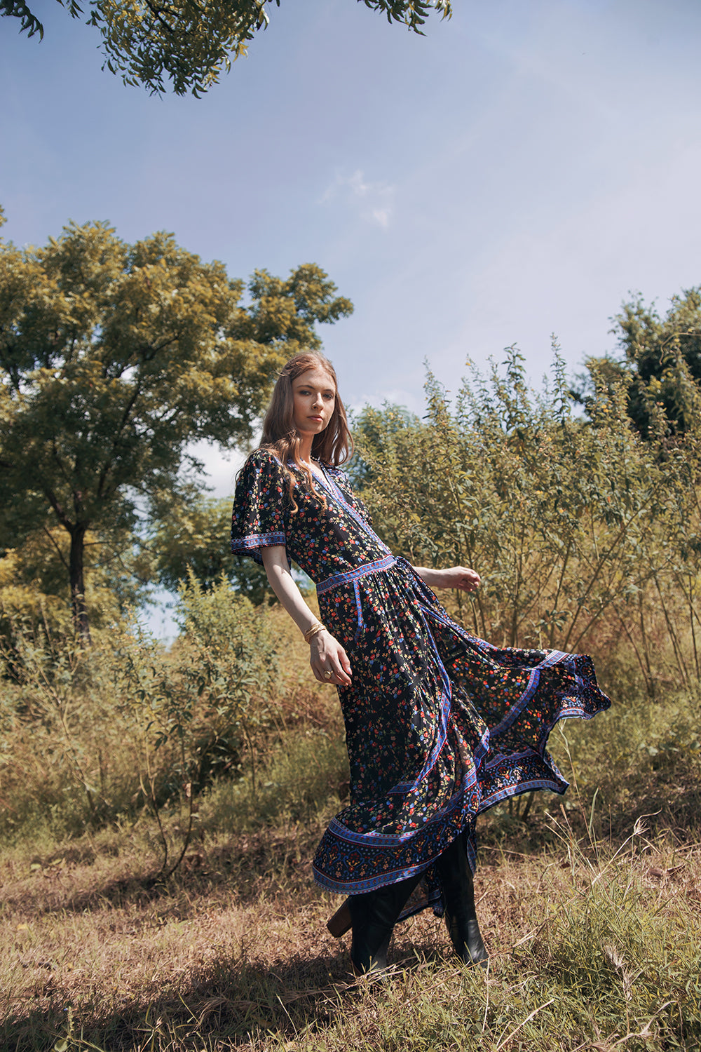 Brenda Wrap Maxi Dress - Moonless Black - Ditsy Charm by Tulle and Batiste