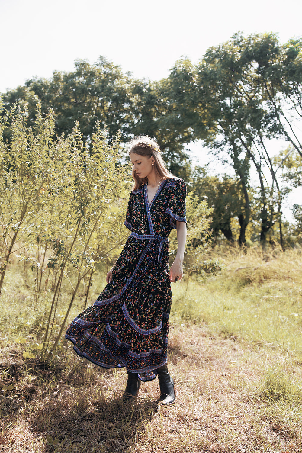 Brenda Wrap Maxi Dress - Moonless Black - Ditsy Charm by Tulle and Batiste