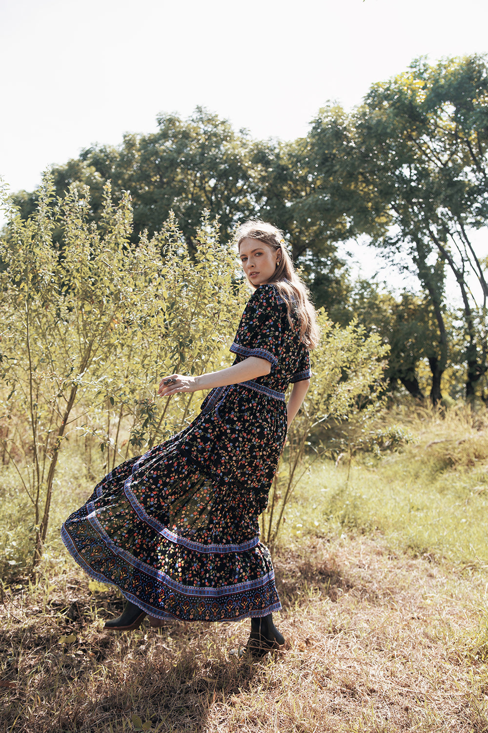 Brenda Wrap Maxi Dress - Moonless Black - Ditsy Charm by Tulle and Batiste