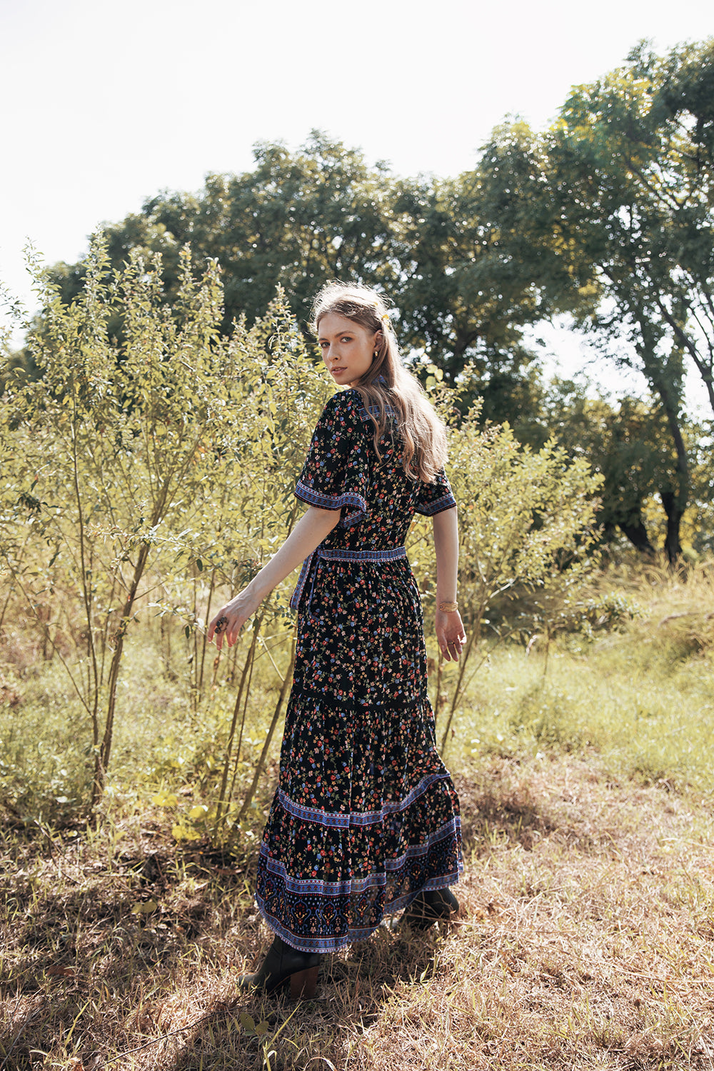 Brenda Wrap Maxi Dress - Moonless Black - Ditsy Charm by Tulle and Batiste
