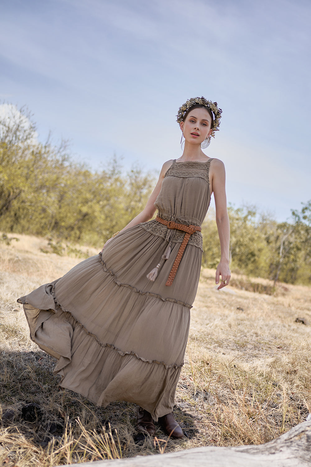 Chloe Halter Maxi Frill Dress - Desert Sand - The Fields of Gold by Tulle and Batiste