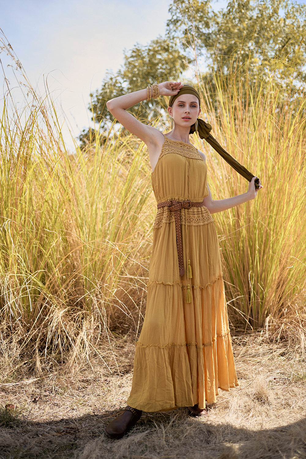 Chloe Halter Maxi Frill Dress - Saffron Gold - The Fields of Gold by Tulle and Batiste