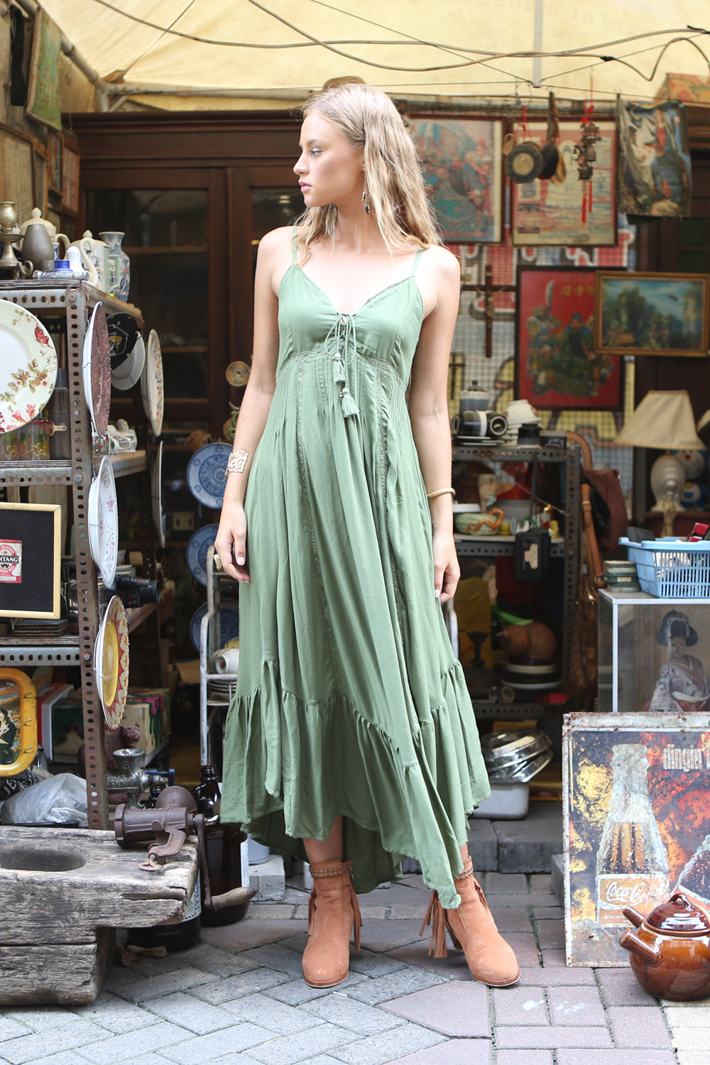 Prairie Midi Slip Dress - Plain Khaki - Tulle and Batiste