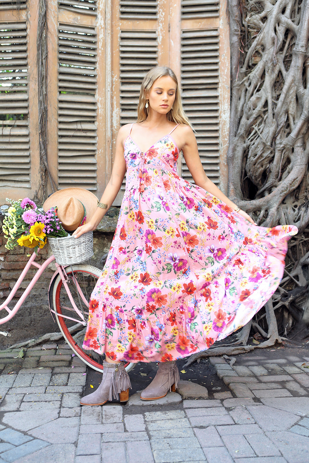 Prairie Midi Slip Dress - Pink Blossom - Tulle and Batiste