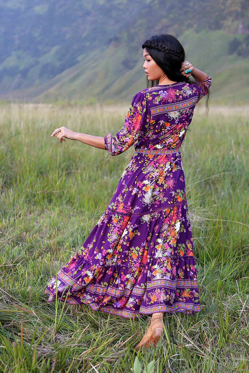 Amara Maxi Dress With Pleats Deep Slit And Floral Embellishment main image 0
