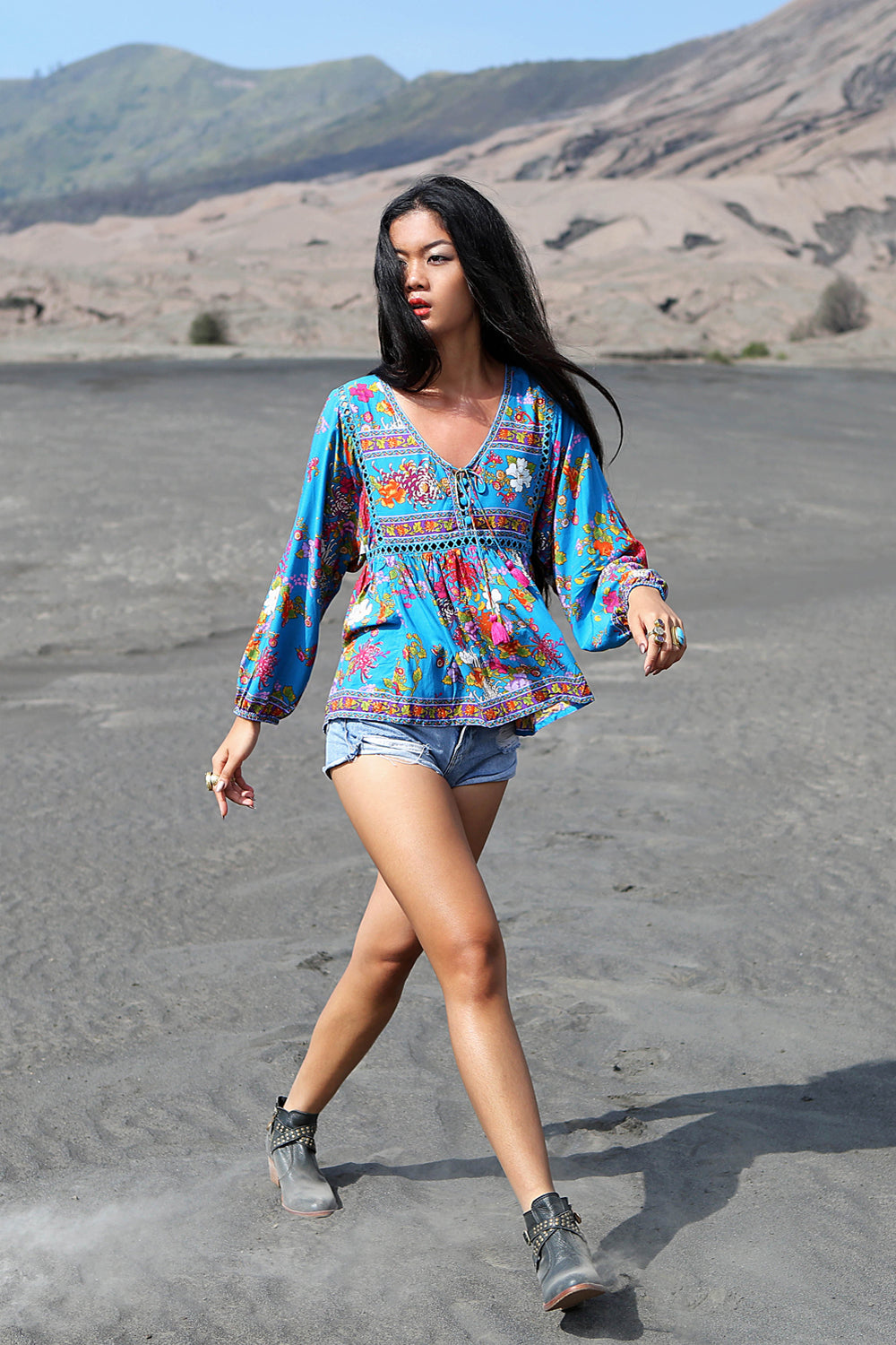 Bella Bell Sleeves Blouse - Blue Jewel - Tulle and Batiste