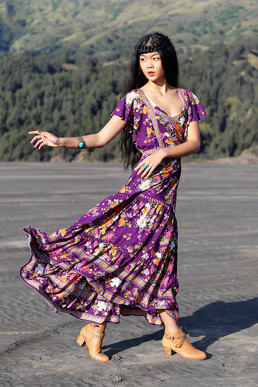 Dahlia Maxi Frill Dress - Plum - Tulle and Batiste