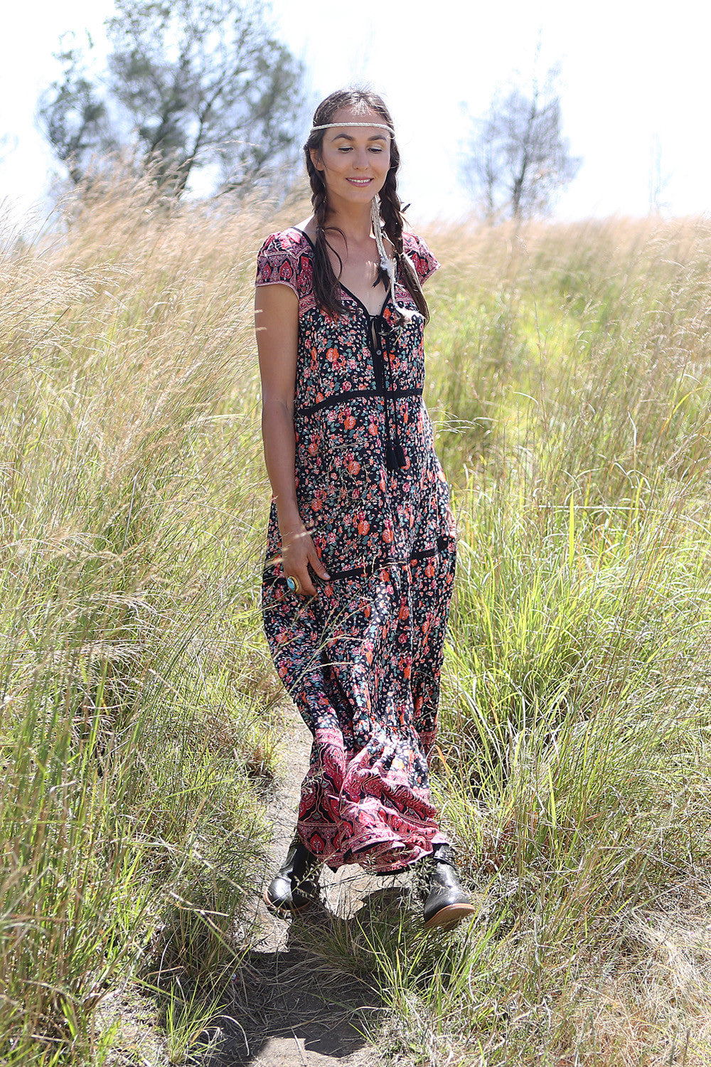 Lily Boho Capsleeve Maxi Dress - Moonless Black