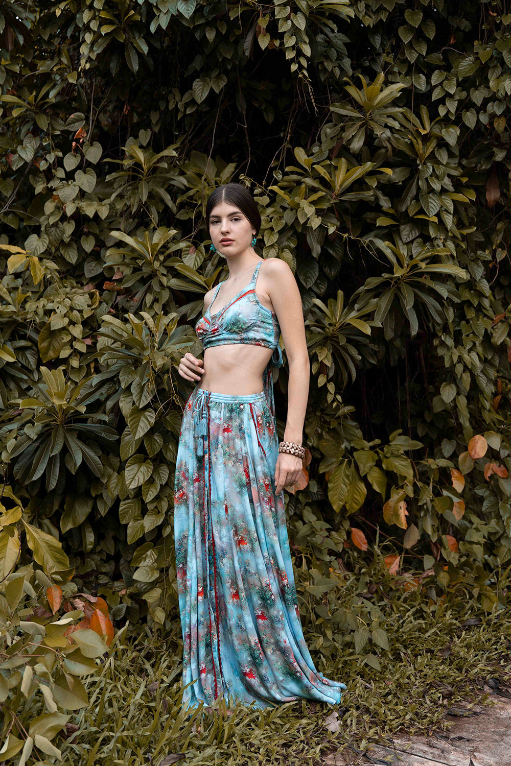 Our beautiful Aveline Maxi Skirt is set to become your new boho wardrobe favorite. Crafted from our 100% LENZING™ ECOVERO™ viscose and perfectly showcasing our Forest Blue print, this skirt is perfect to pair with our Airin Bralette for the ultimate Stevie Nicks inspired look.