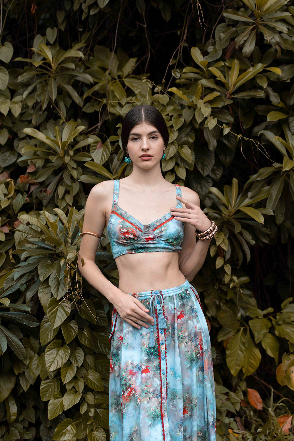 Our beautiful Aveline Maxi Skirt is set to become your new boho wardrobe favorite. Crafted from our 100% LENZING™ ECOVERO™ viscose and perfectly showcasing our Forest Blue print, this skirt is perfect to pair with our Airin Bralette for the ultimate Stevie Nicks inspired look.