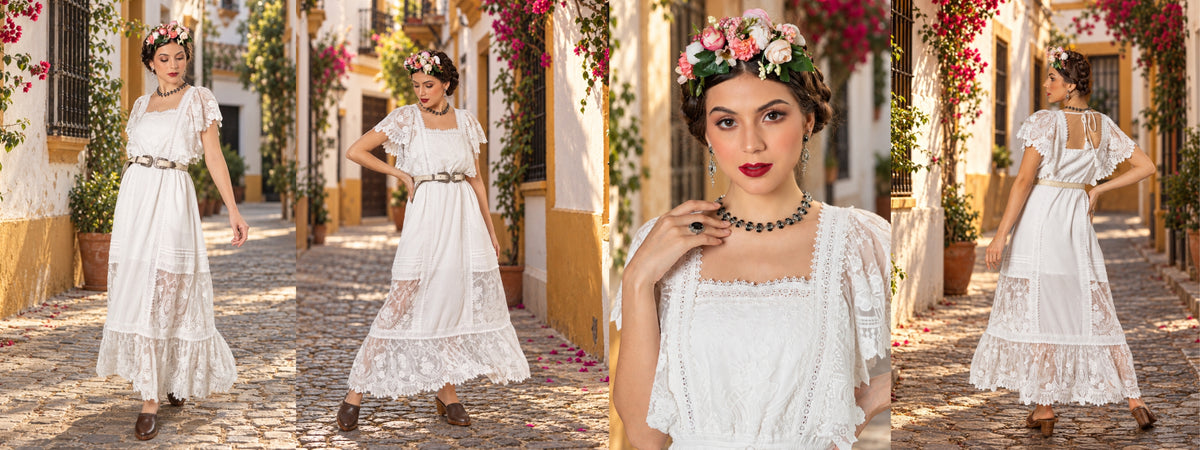 Discover the Frida Maxi Dress in Snow White. A romantic bohemian wedding dress with exquisite lace, handmade to order in Bali. Size inclusive and custom tailored.