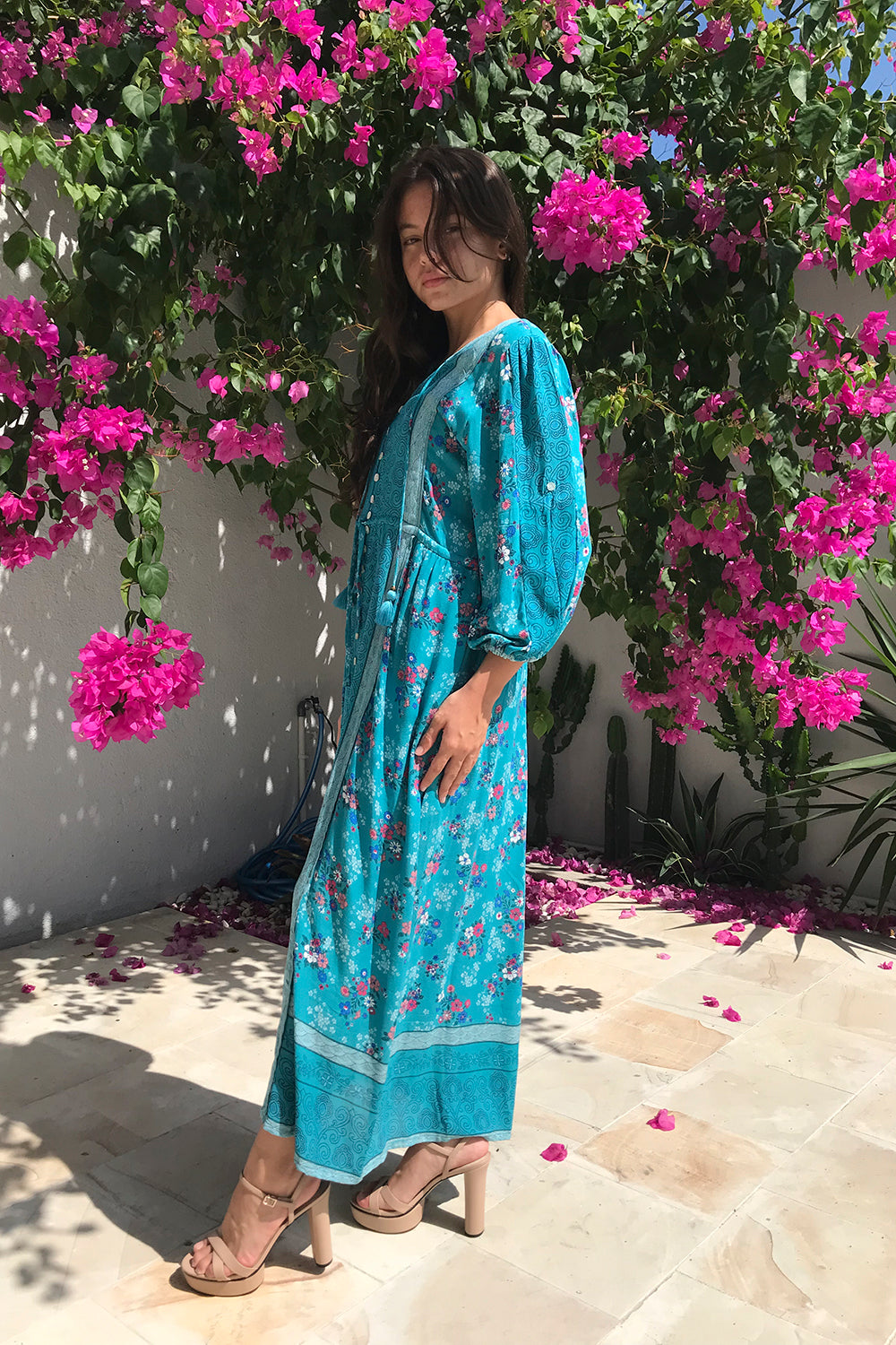 Tulle and Batiste's Roseanne Boho Dress in Capri Blue, a size-inclusive, modern bohemian-inspired dress with flattering silhouettes.