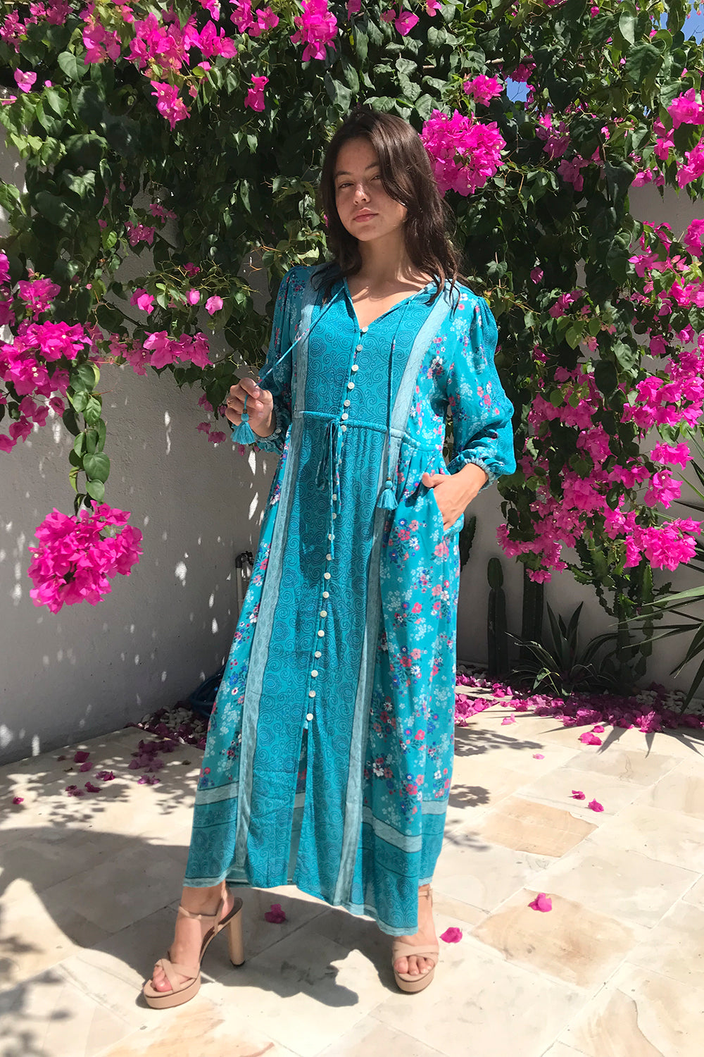 The Roseanne Boho Dress in Capri Blue by Tulle and Batiste with relaxed elegance and modern boho-inspired details.
