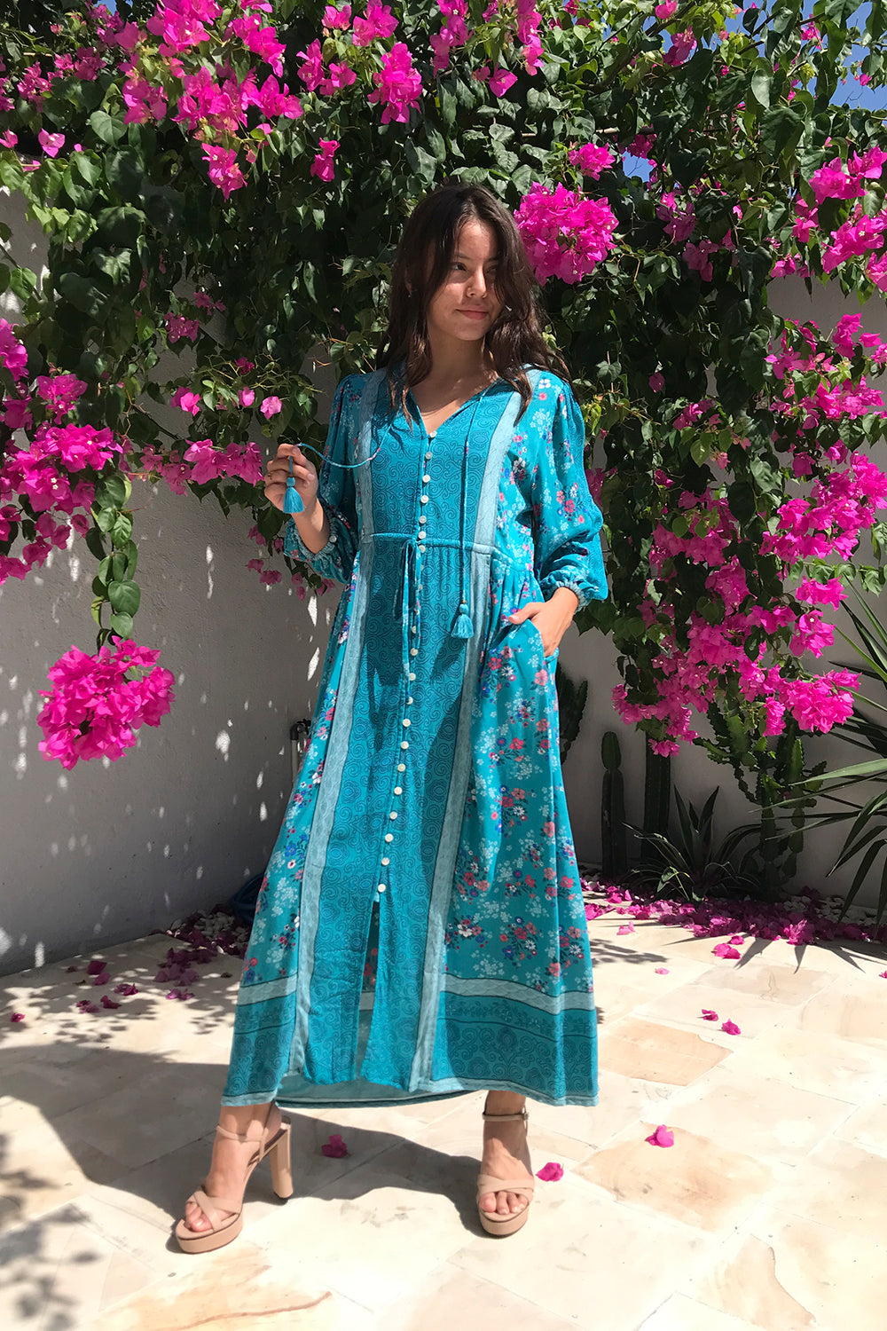 Tulle and Batiste’s handmade Roseanne Boho Dress in Capri Blue, a modern bohemian-inspired dress for every occasion.