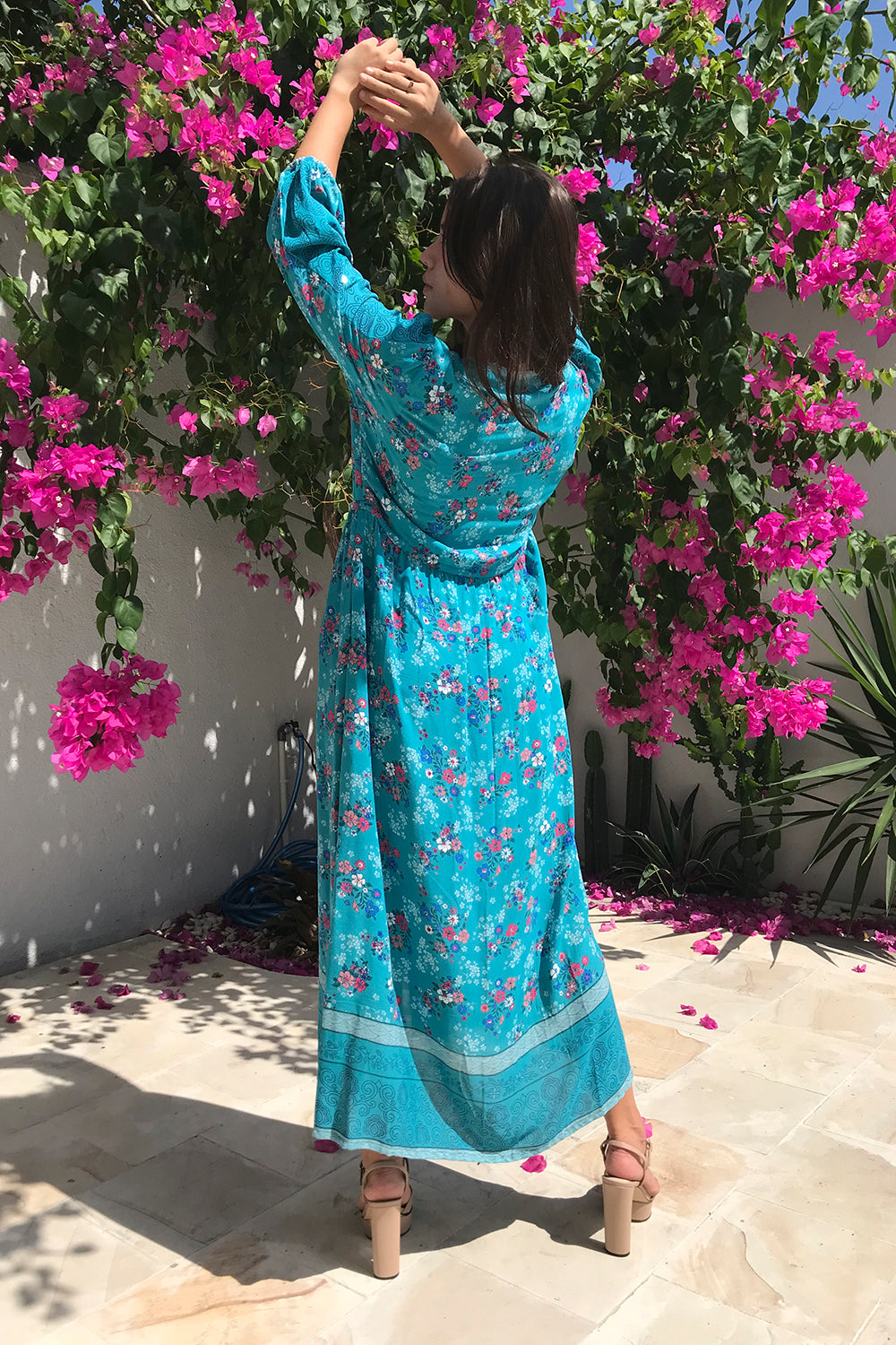 Tulle and Batiste's Capri Blue Roseanne Boho Dress, offering complimentary custom tailoring and size-inclusive chic boho vibes.