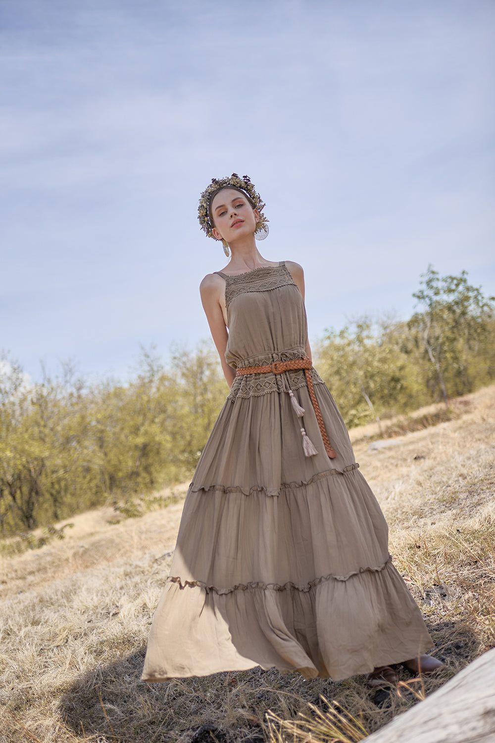 Chloe Halter Maxi Frill Dress - Desert Sand - The Fields of Gold by Tulle and Batiste