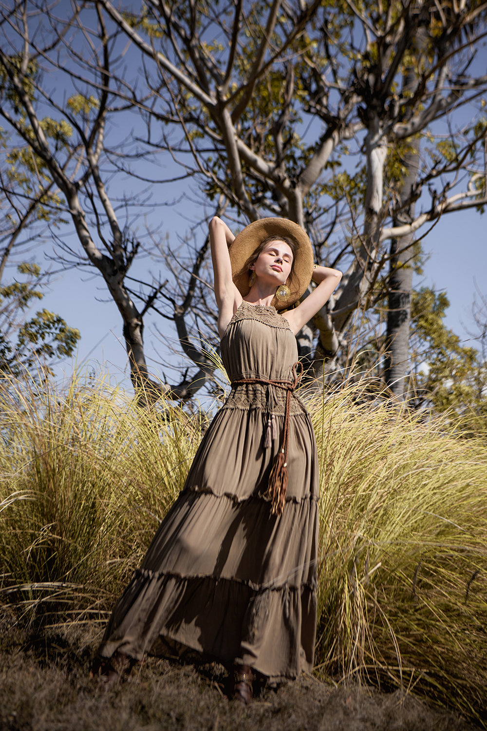 Chloe Halter Maxi Frill Dress - Desert Sand - The Fields of Gold by Tulle and Batiste